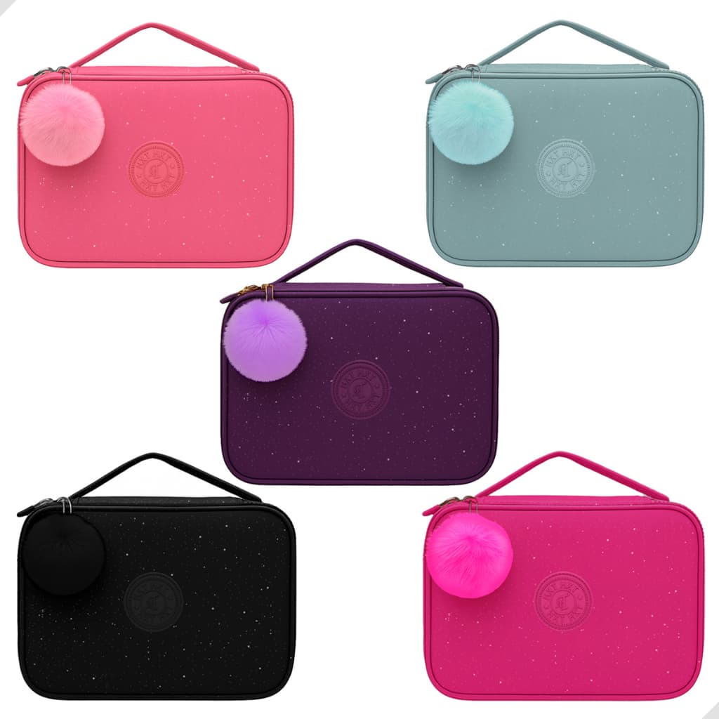 Estojo Grande de Glitter e Pompom com Alça e Divisória Suporte de Elástico para Lápis Escolar