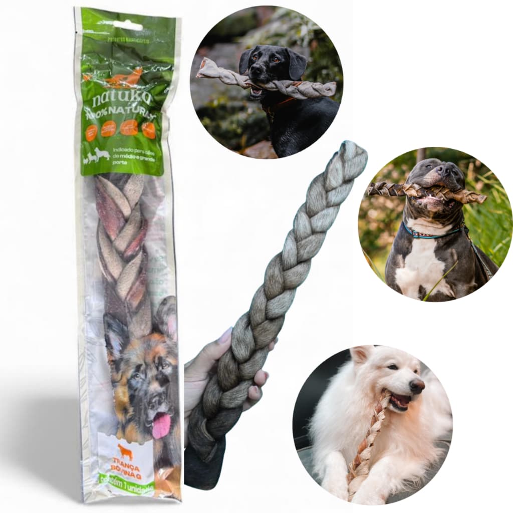 Trança de Couro Bovino para Cachorro Natuka - Mordedor Natural Pet