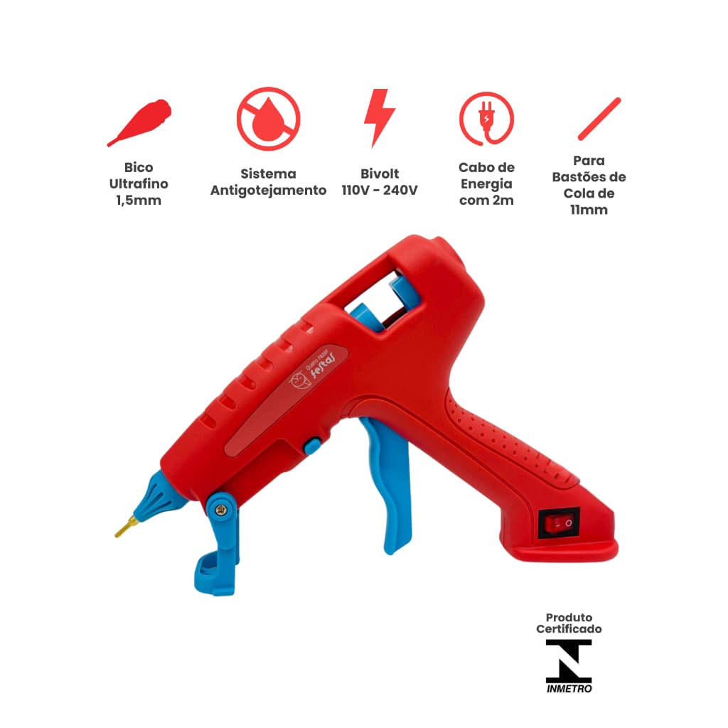 Pistola de Cola Quente Profissional Bivolt 100W Bico Ultrafino Quero Fazer Festas