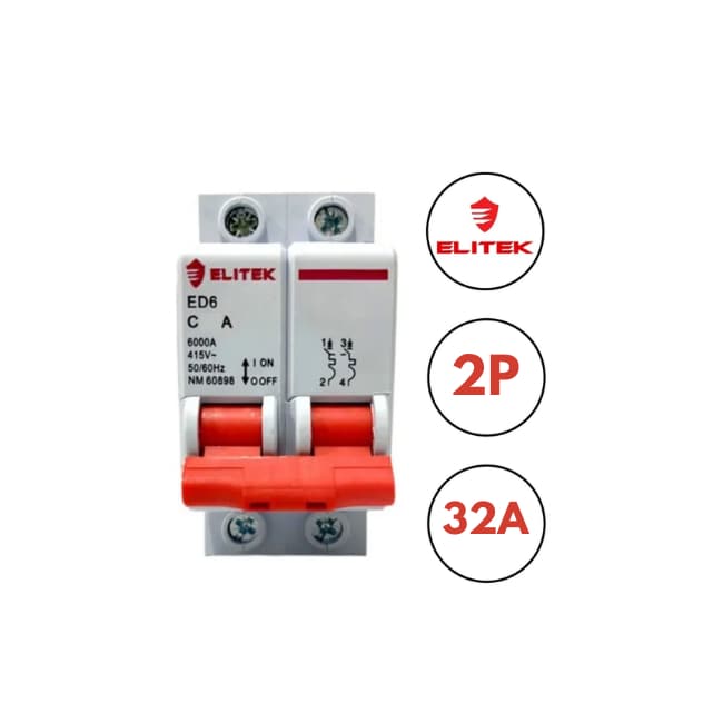 Elitek Disjuntor Bipolar 32A Curva C Din Trilho Din Chuveiro Iluminação Caixa de luz