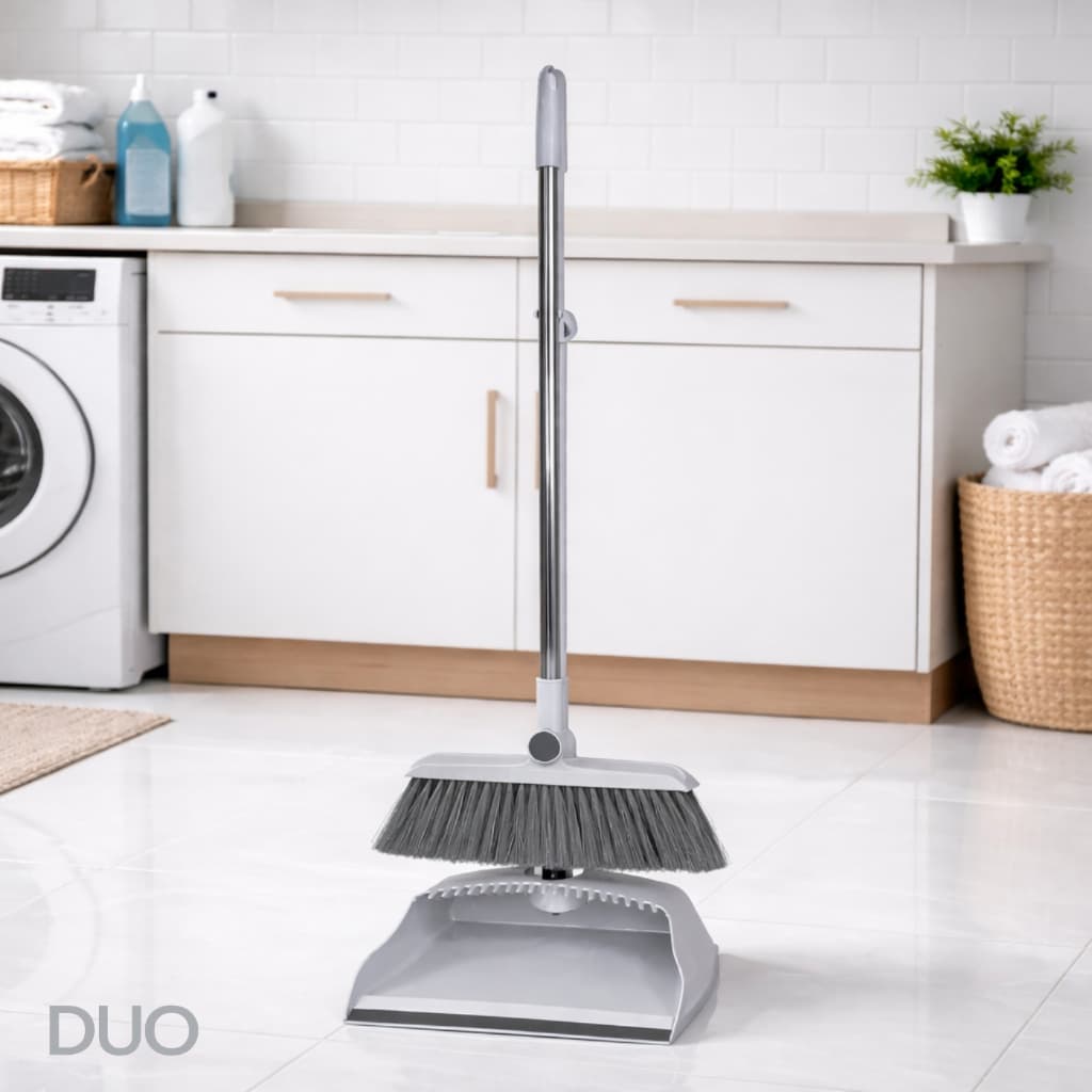 Pazinha Pá de Lixo Dentada Dobrável com Cabo e Vassoura Multiuso Angular Cinza para Limpeza Doméstica Escritório