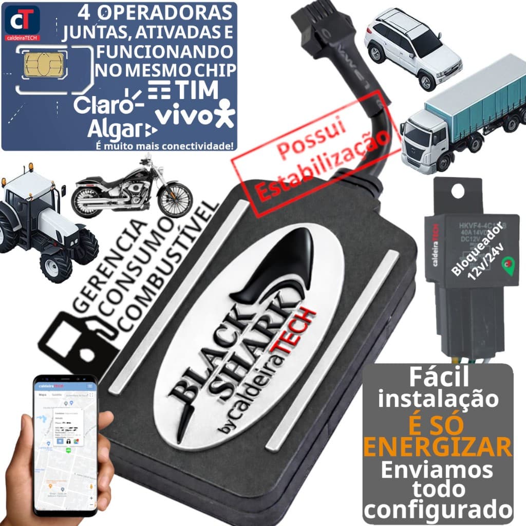 Rastreador Veicular 4G Gps BlackShark compatível com todos veículos Kit Localizador Bloqueador +relé