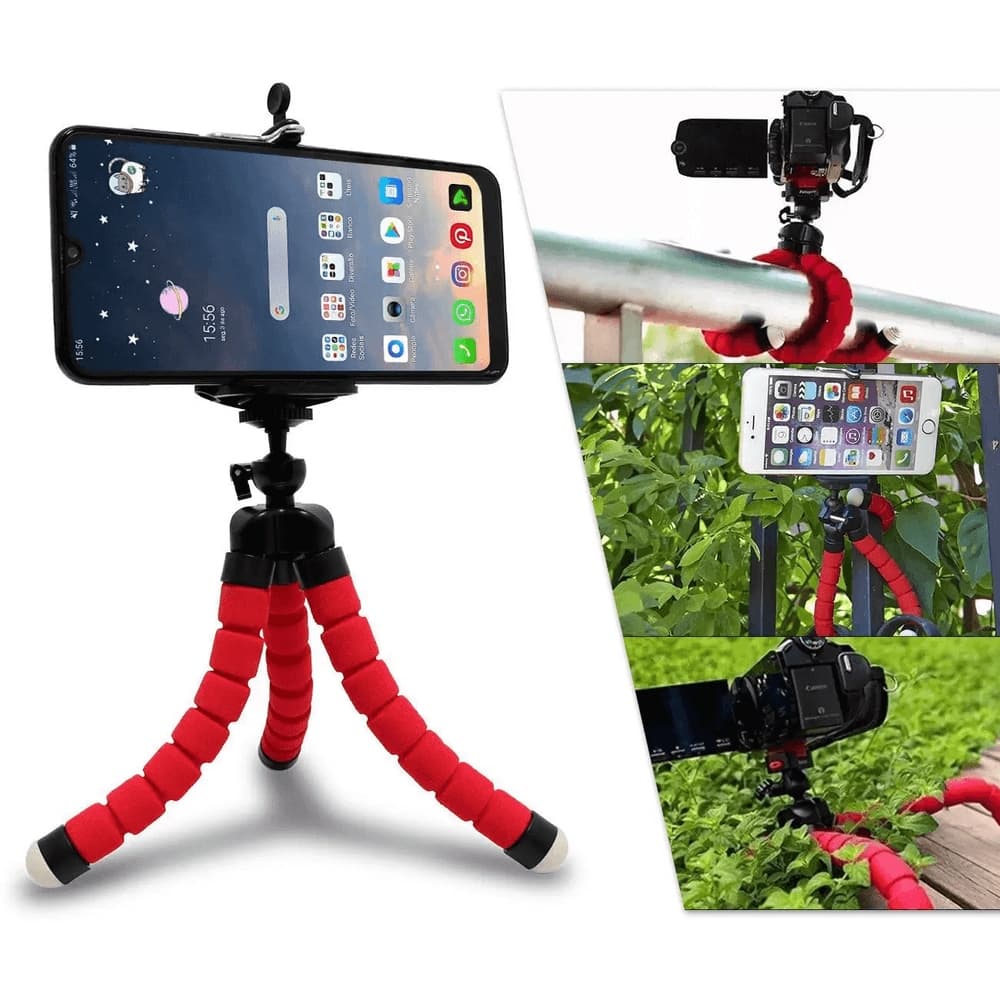 Mini Tripé Flexível com Suporte para Celular Prático e Versátil Vermelho