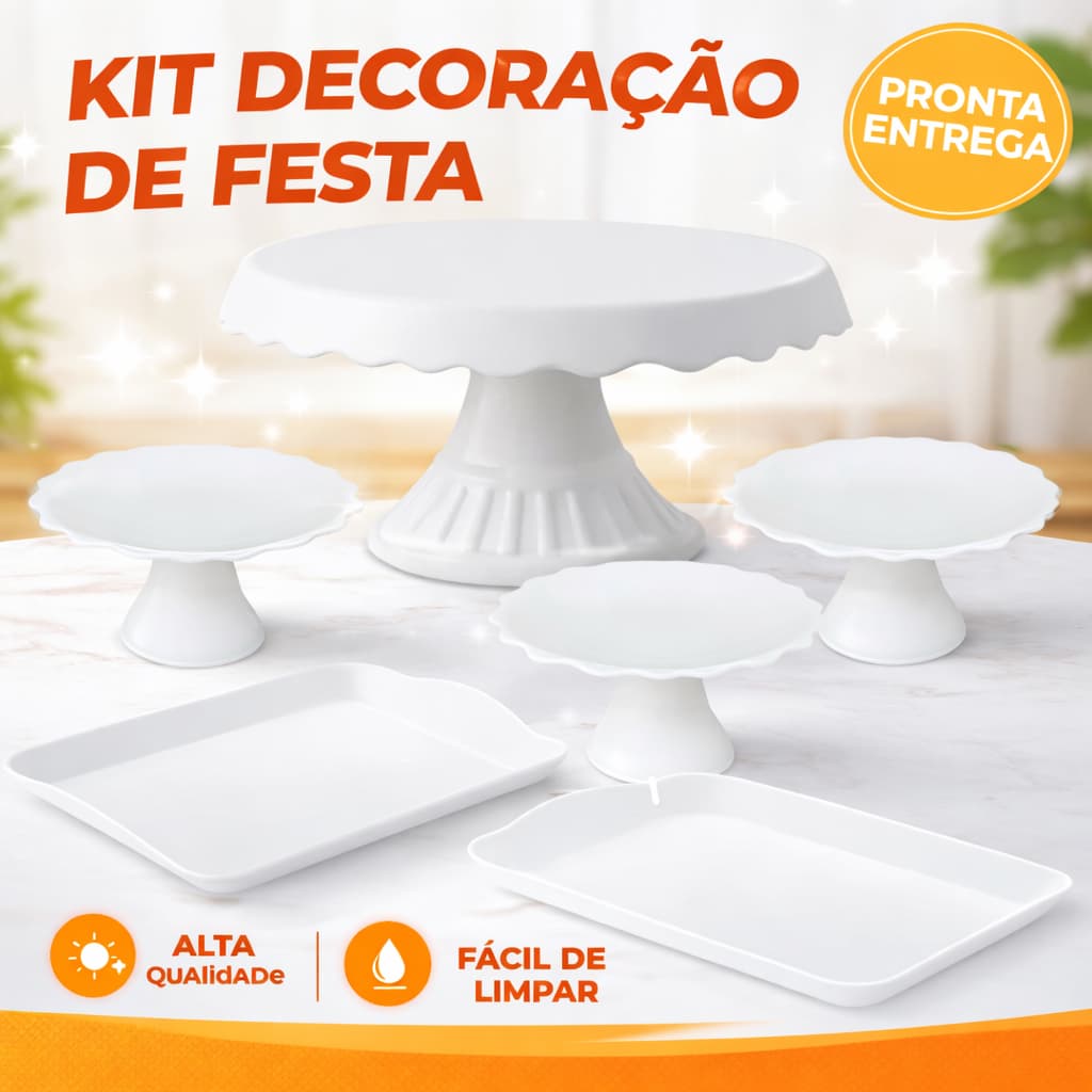Kit Decoração de Festa 1 Boleira 22cm + 3 Suporte de Doces Mini + 2 Bandejas Mesa Doce Kit Festa