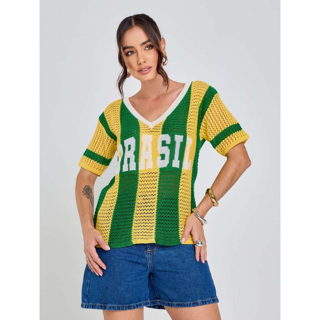 Camisa Tricot Brasil Tecido Vazado Decote V Malhado Look Brasil Copa