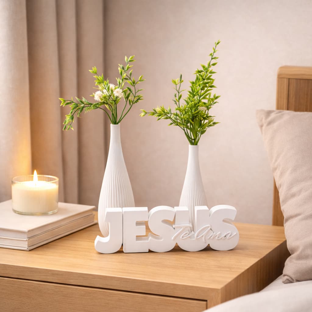 KIT DECORATIVO JESUS TE AMA COM 2 VASOS E PLANTAS ARTIFICIAIS-DECORAÇAO PARA SALA E QUARTO