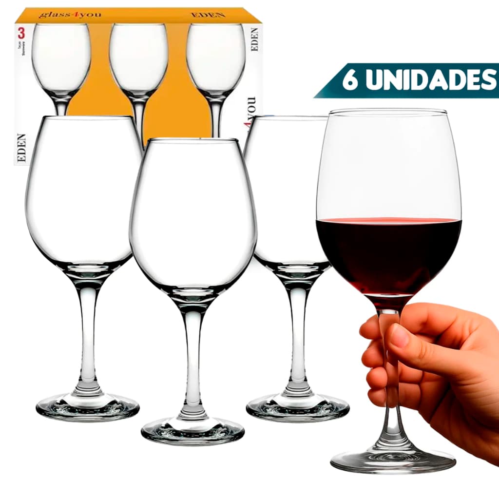 Jogo 6 Taças de Vidro 340ml Original | Taça Vinho Água Sobremesa Cristal Luxo Reforçada