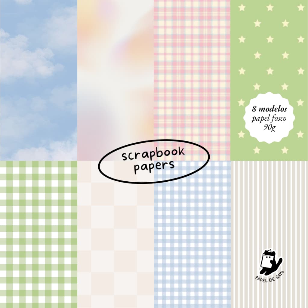Papéis de estampas para Journal e Scrapbook - 8 modelos (folhas de fundo estampados bullet journal, colagem, decoração)