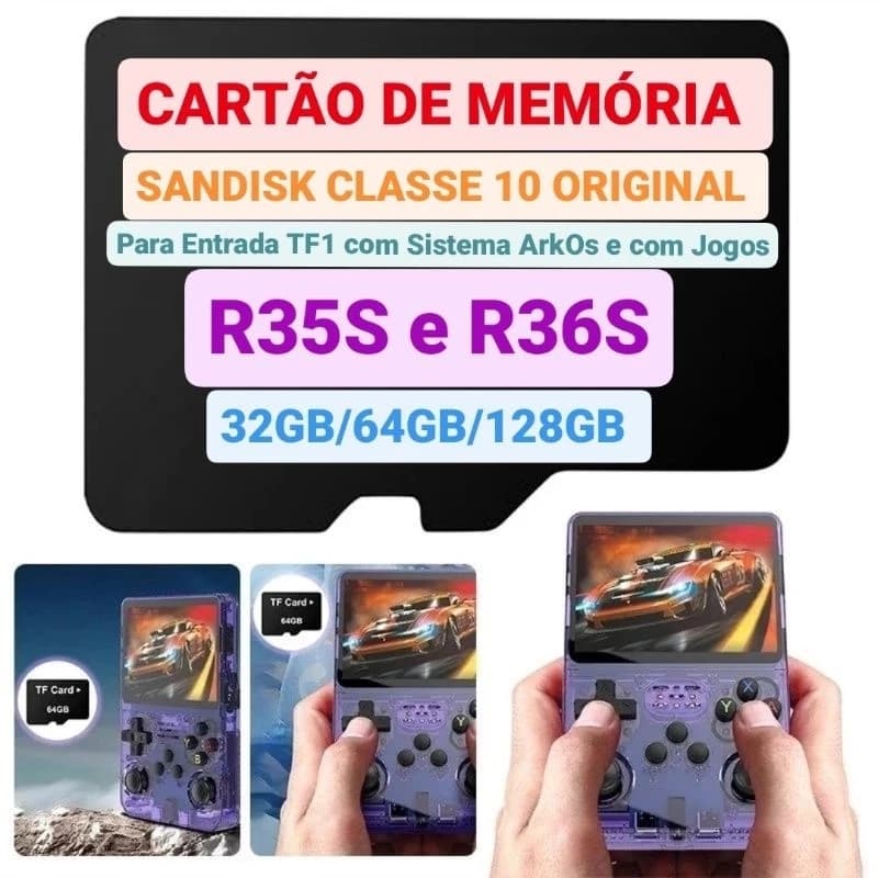 Cartão de Memória Micro SD 64GB Sandisk Com Sistema ArkOS Atualizado 2026 + Jogos P/ Game Portátil R35s
