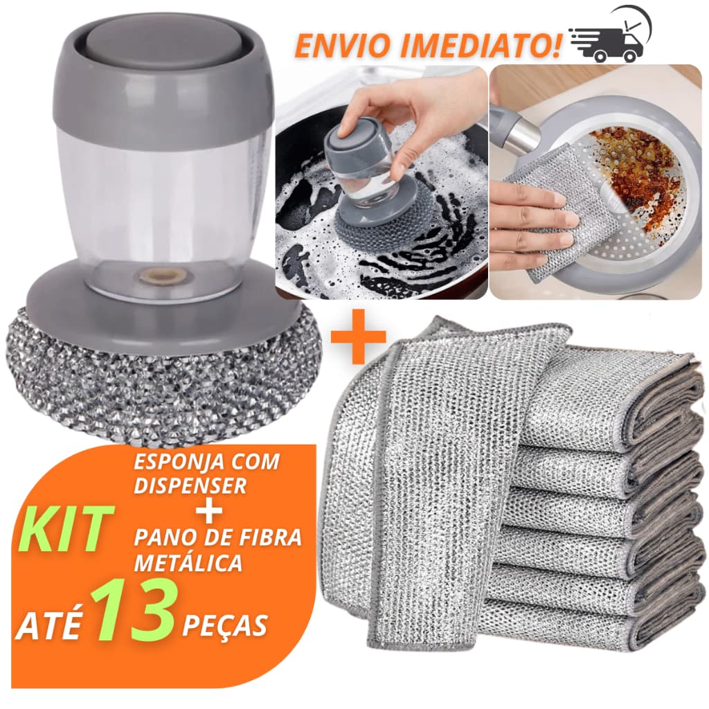 Kit Esponja com Dispenser + Panos de Fibra Metálica Limpeza Pesada Panelas Fogão Cozinha