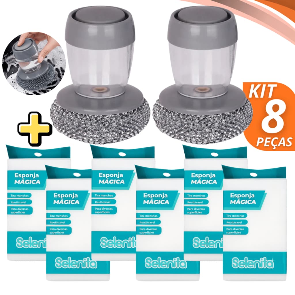 Kit Escova de Louça com Dispenser + Esponjas Mágicas Limpeza Pesada Cozinha