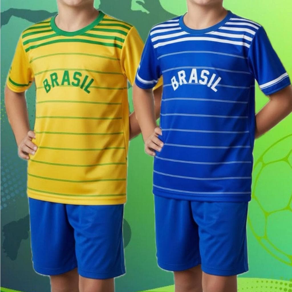 Kit Conjunto Camiseta e Shorts Juvenil Infantil Brasil Retro Listrado Amarelo e Azul Patriota