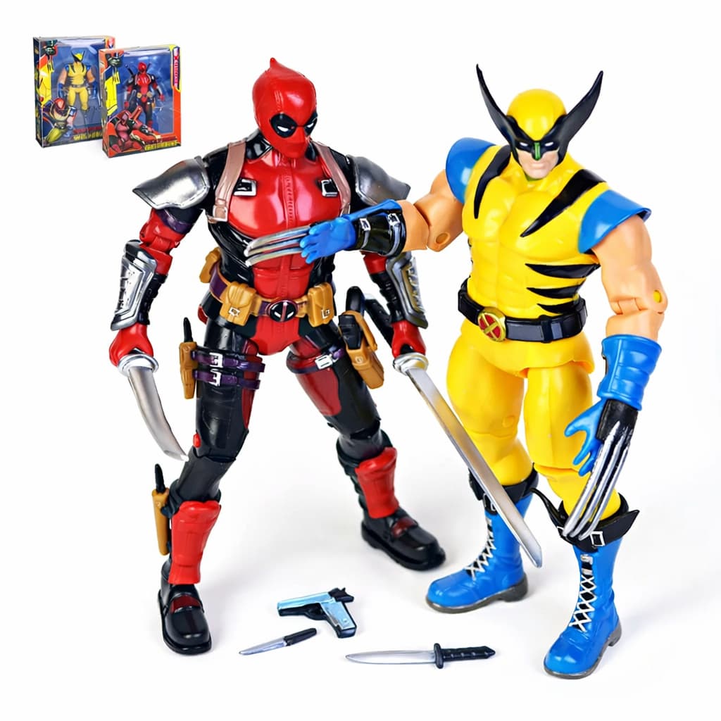 Kit 2 Bonecos Deadpool e Wolverine Articulados 18cm com Acessórios Brinquedo Colecionavel Decoração