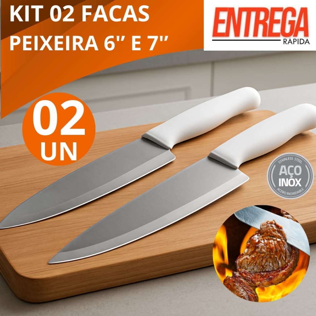 Kit Duas Facas Peixeira Aço Inox Profissional de 6''e 7''Carnes, Churrasco, Legumes, Peixes Restaurantes Cozinha
