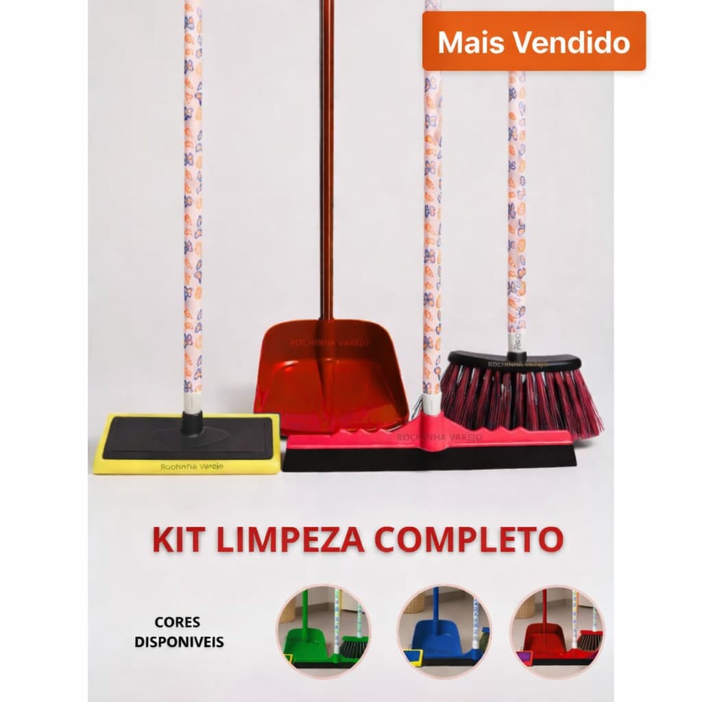 Vassoura, Rodo Grande Duplo, Pá de Lixo e Lava Limpa Esfregão Azulejo todos com Cabos Limpeza Faxina