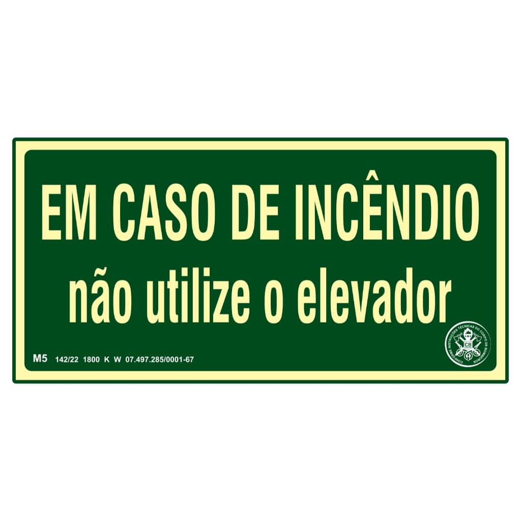 Placa de Sinalização Fotoluminescente Em Caso de Incêndio Não Utilize o Elevador M5