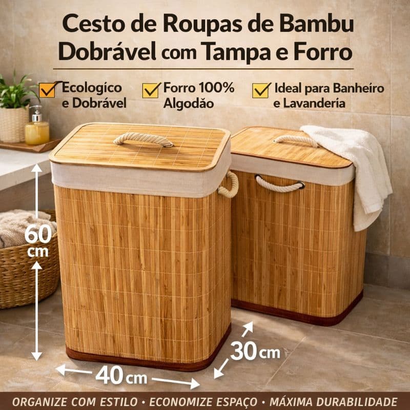 Cesto de Roupas Bambu Dobrável com Tampa e Forro – Organizador para Banheiro e Lavanderia