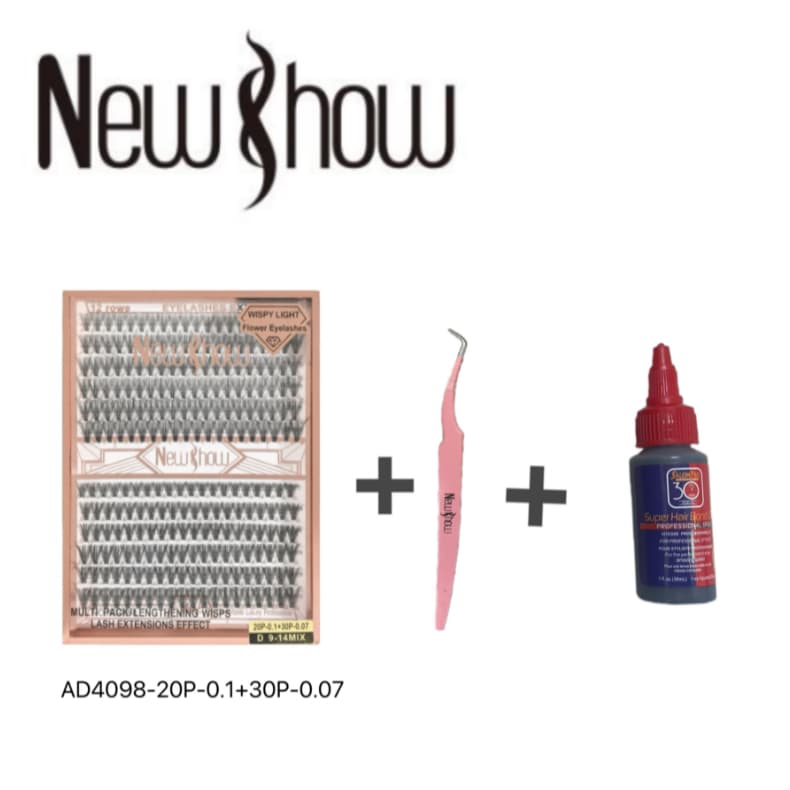 New Show 1 Cartela De AD4098-20P-0.1+30P-0.07 D 9-14MIX Cilios Tufos+1 Pinça+1 Super Cola 30ml Salon