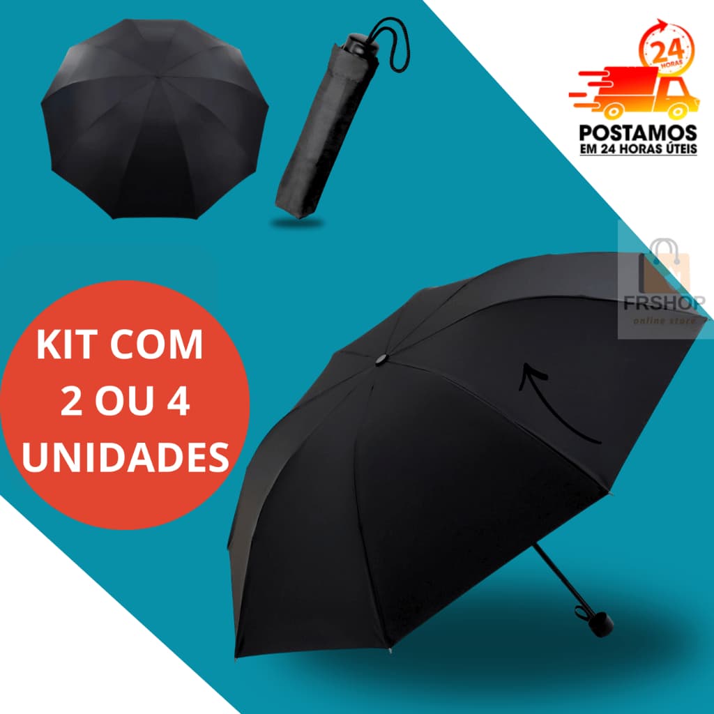 Kit Guarda Chuva de Bolsa Pequeno Sombrinha Preto Portátil