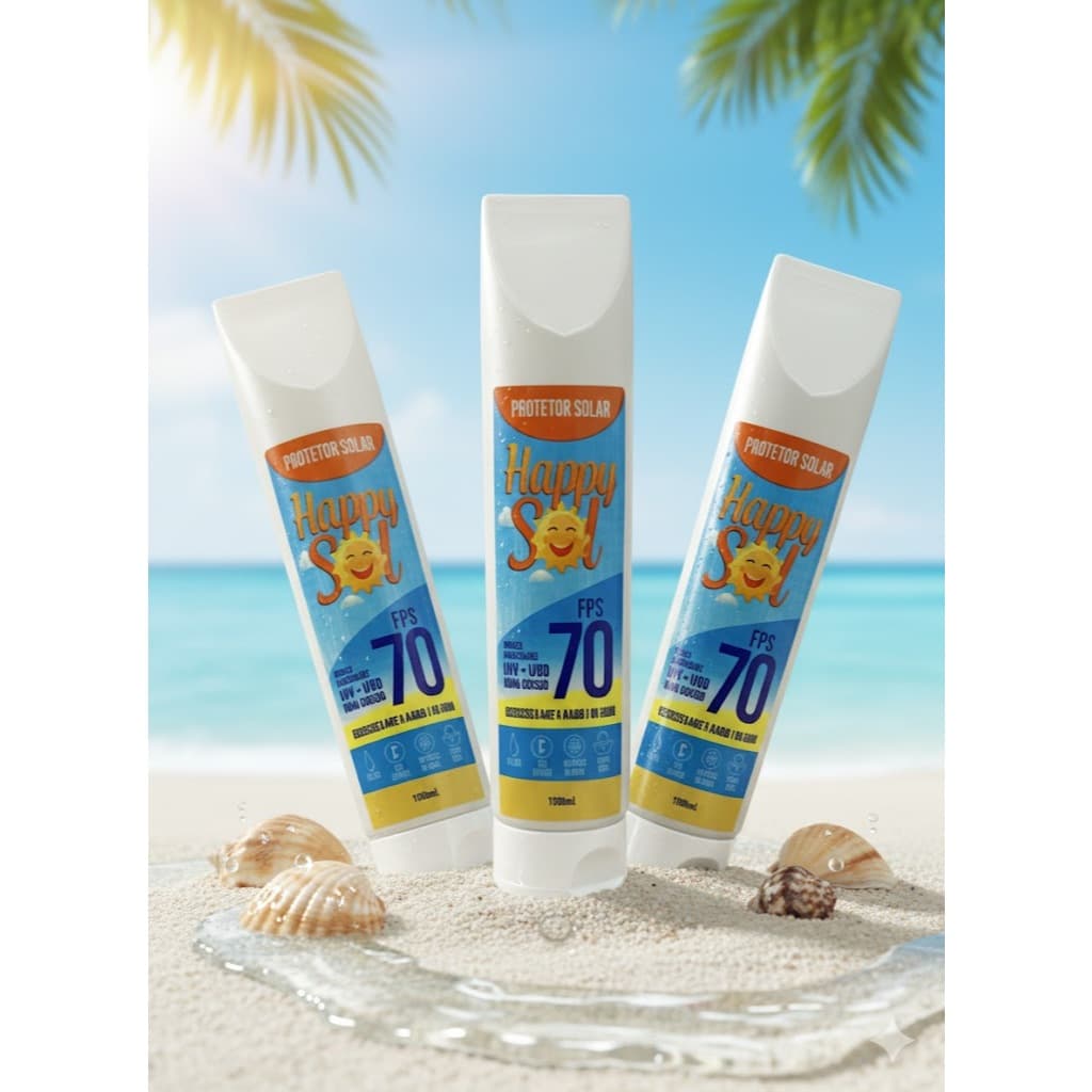 Kit 3 Protetores Solares Happy Sol FPS 70 – 150ml (Facial e Corporal, Toque Seco)