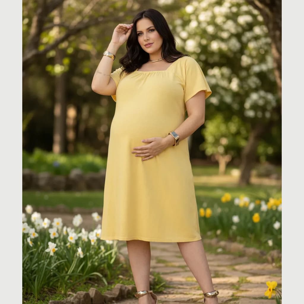 Vestido Gestante Mídi Manga Curta Confortável