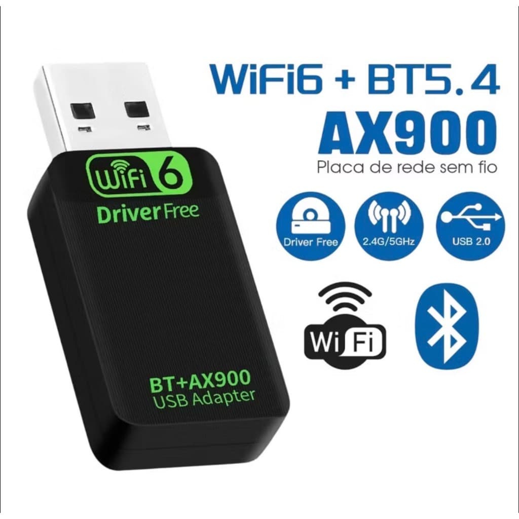 Adaptador USB AX900 WiFi 6 Bluetooth 5.4 Adaptador 2 em 1