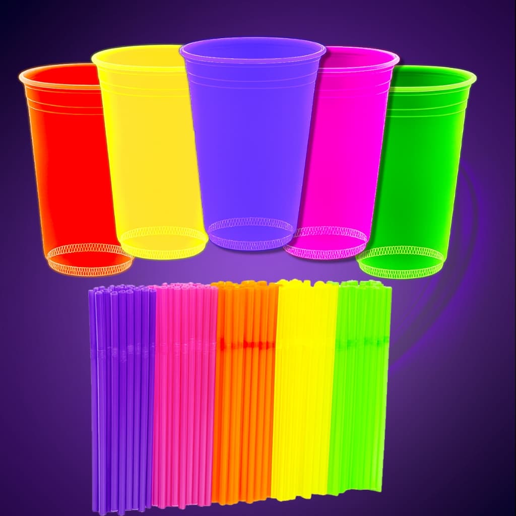 50 Copos 550ML 50 Canudos Neon Flexível Festa Coloridos