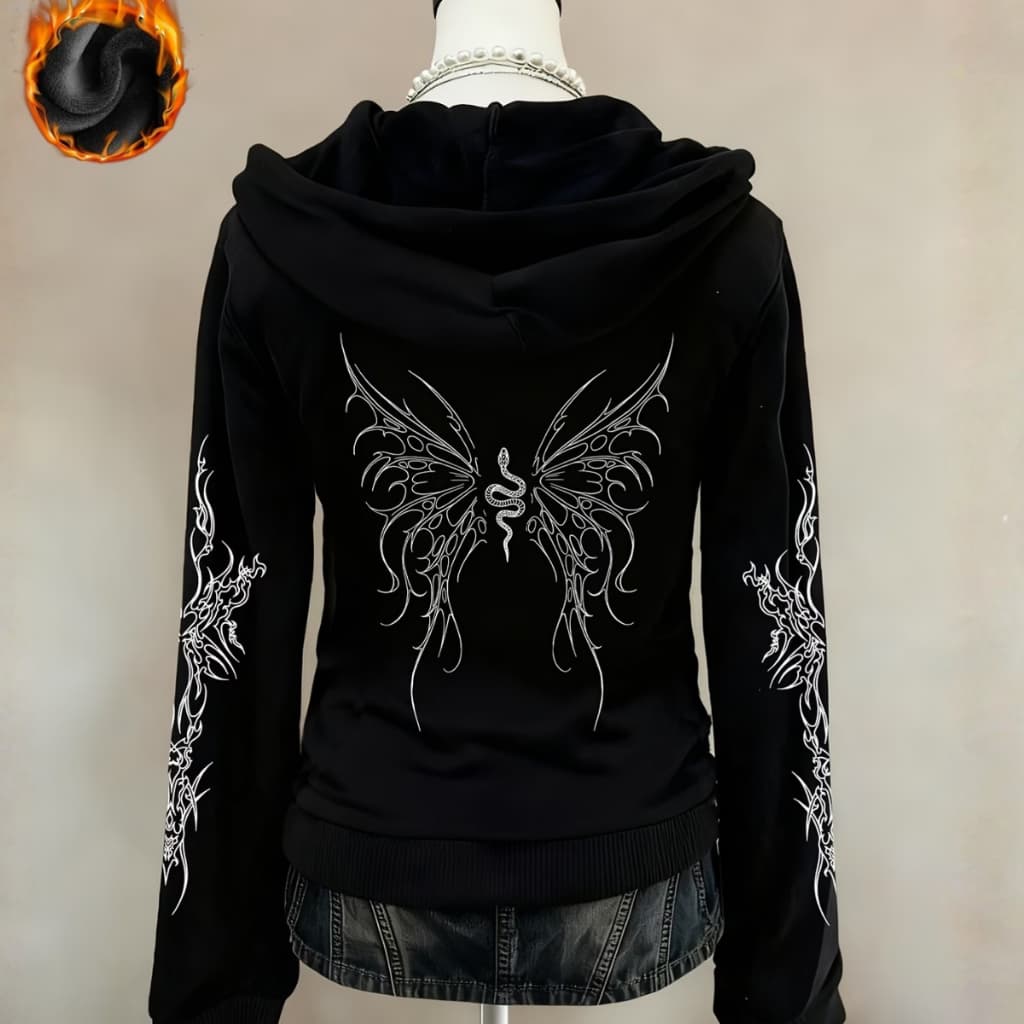Moletom Ziper  Gótico Borboleta com Estampa nas Costas Dark Fashion Moda