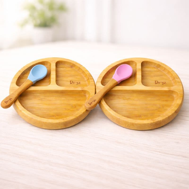 Kit Prato com Colher Infantil Dryz Bambu com Ventosa – Antiderrapante, Sem BPA, Introdução Alimentar