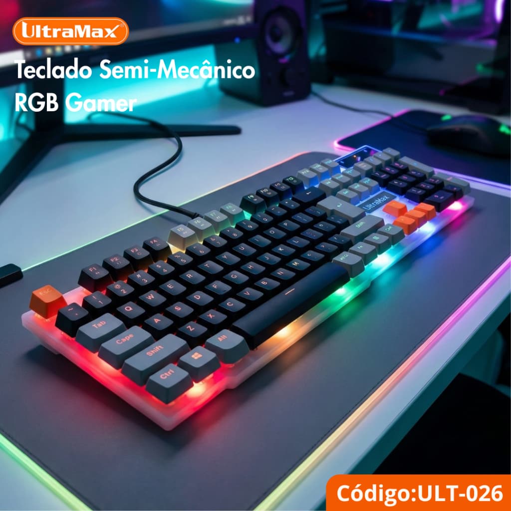 Teclado Semi-Mecânico Gamer UltraMax ULT-026 RGB Formato Full Size 100%  ABNT2
