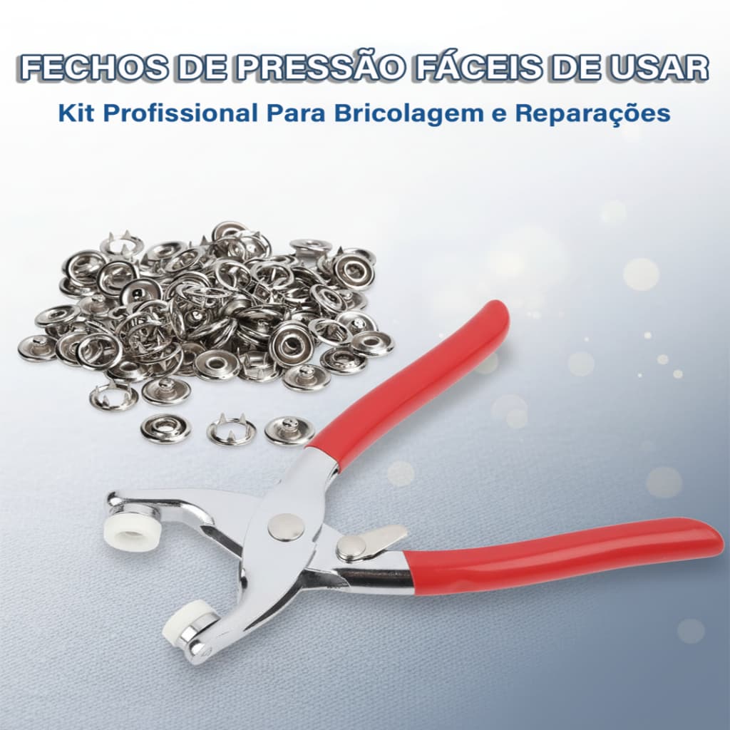 Alicate Aplicador de Botão Pressão 5 Garras Ferro Vermelho+100 Botões Metal Kit Profissional Costura