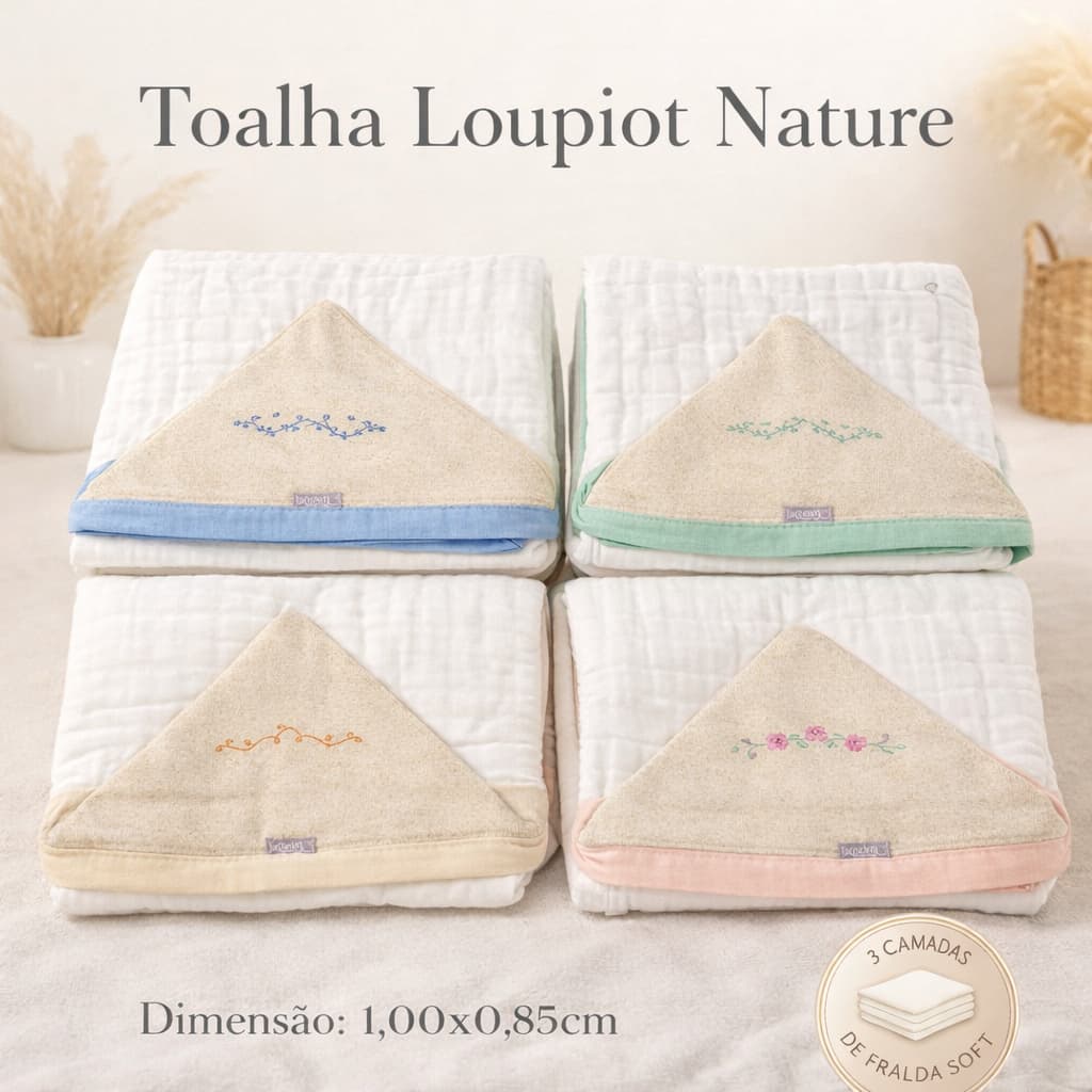 Toalha de Banho Bebê com Capuz 100x85cm Fralda Soft 3 Camadas 100% Algodão Coleção Loupiot