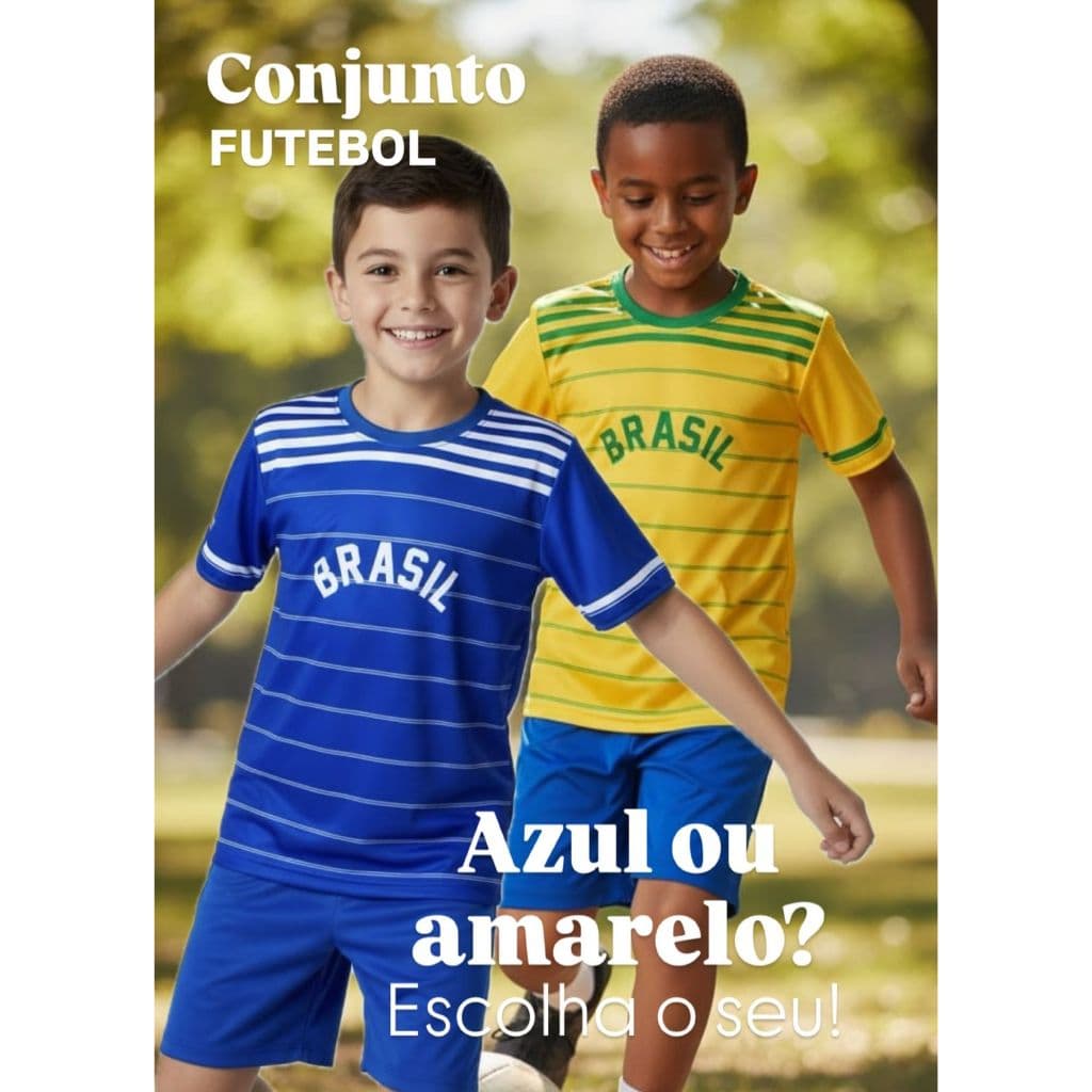 Conjunto do Brasil Retro Infantil Juvenil Camiseta e Shorts Amarelo e Azul Listrado