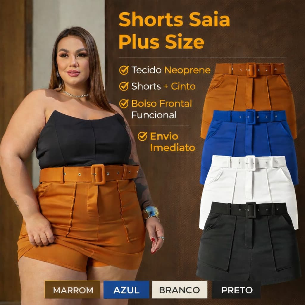 Shorts Saia PLUS SIZE COM LYCRA Feminina Cintura Alta com Cinto BOLSO FRONTAL - ENVIO IMEDIATO !!!