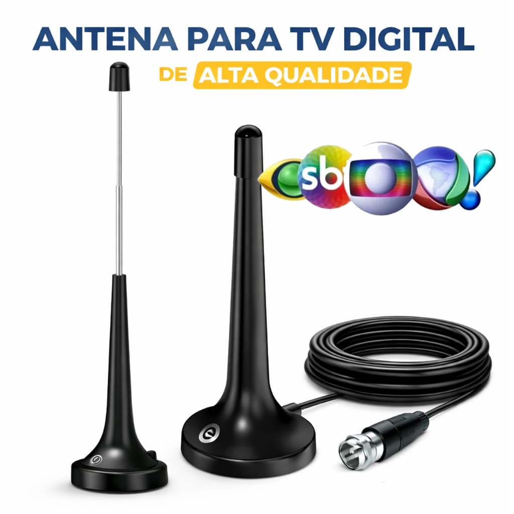 Antena TV Digital Interna HDTV UHF VHF FM Alta Qualidade 4K com Imã