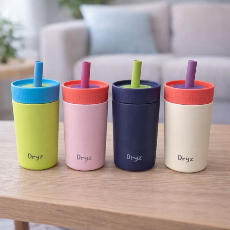Copo Térmico Inox Infantil Dryz 350ml com Canudo de Silicone Livre de BPA para Crianças