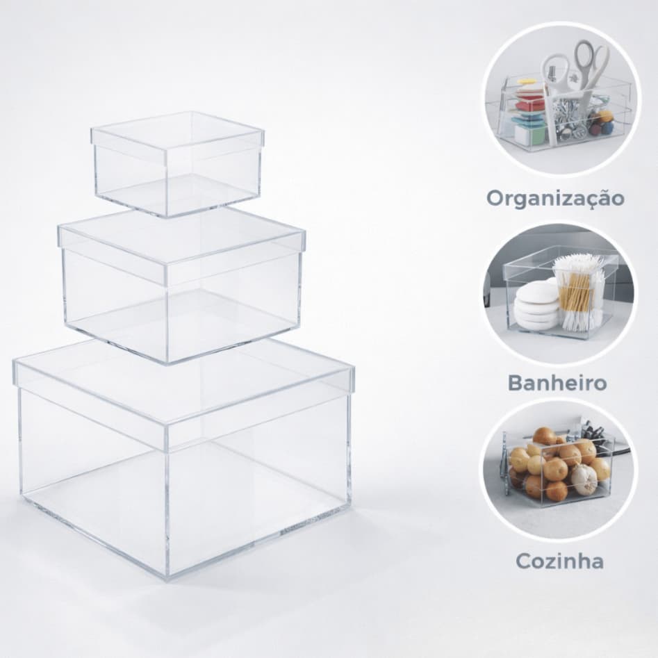 Caixa Acrílico Multiuso Cesta Organizadora Transparente Com Tampa