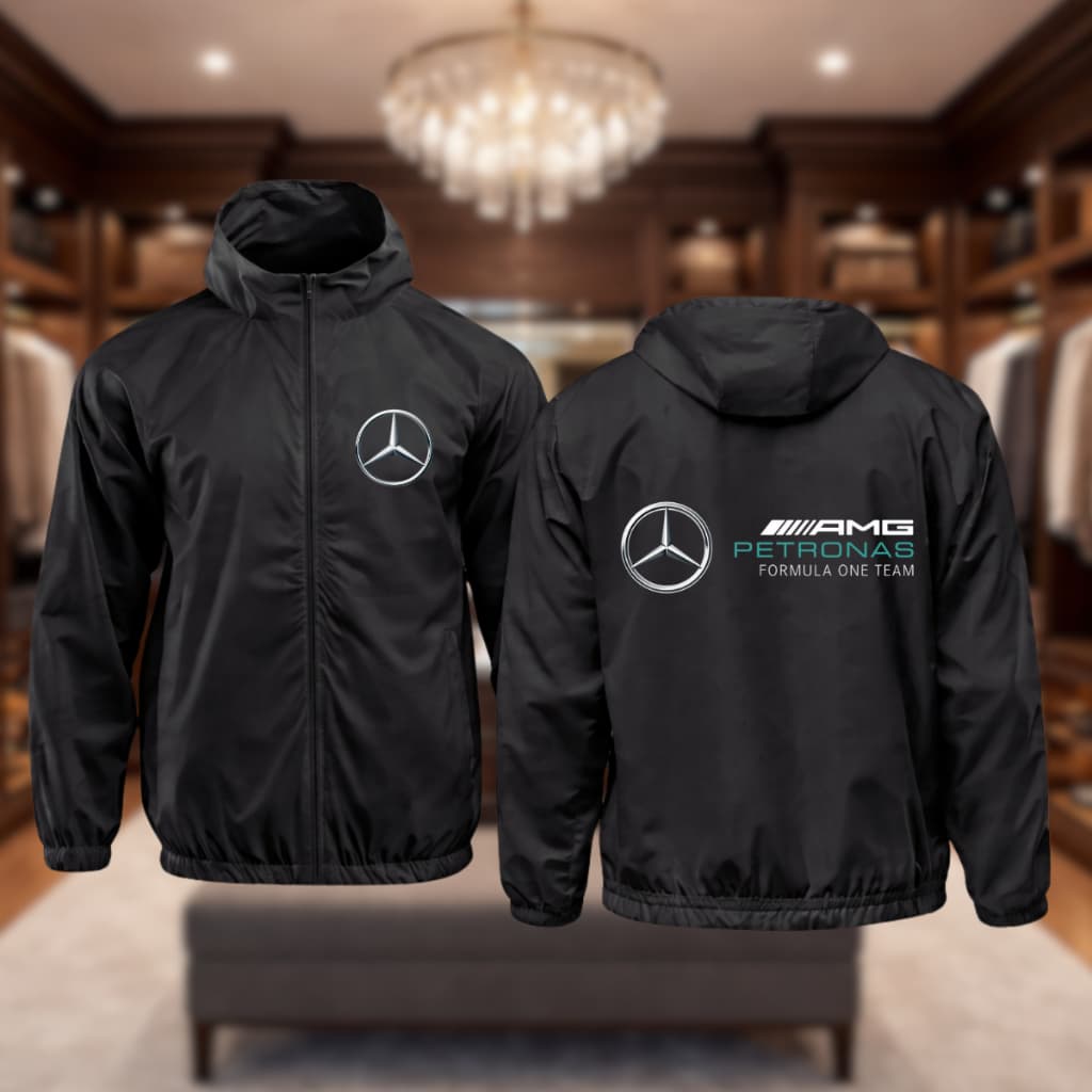 Jaqueta Corta Vento Masculina Impermeável Esportiva Mercedes AMG Leve com Capuz Tecido Premium
