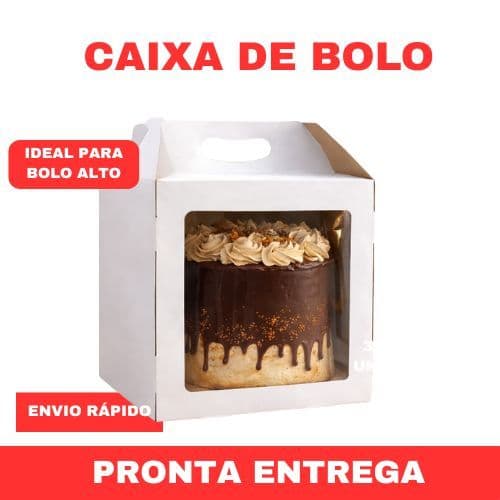 Caixa Bolo 26x26x26 com Visor | Bolo Alto, Torta, Confeitaria  - Branca Alça Baixa Promoção