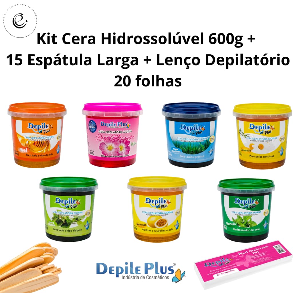 Kit Cera Depilatória Hidrossolúvel 600g +  15 Espátulas de Madeira Depilação + 20 Lenço Depilatório Depile Plus