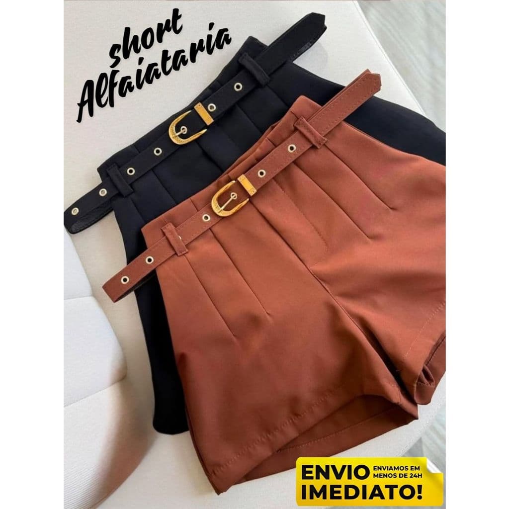 SHORT ALFAIATARIA FEMININO SOCIAL CINTURA ALTA COM ZÍPER NA LATERAL P M G GG