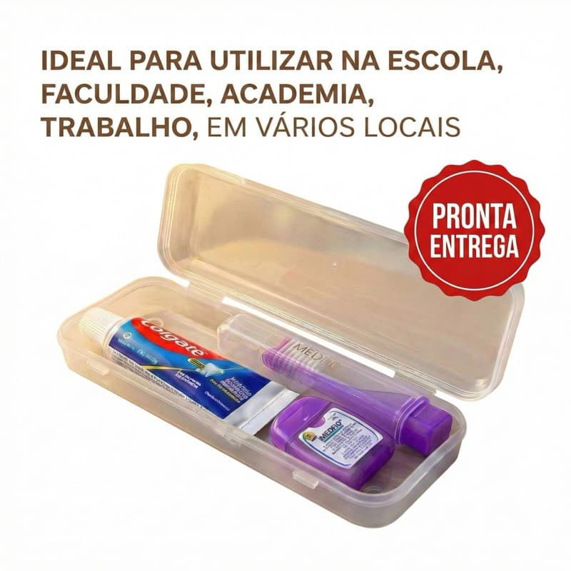 Kit Viagem Higiene Bucal : Escova Portatil + Pasta Colgate + Fio Dental c/ Estojo Portátil–Escola Trabalho Lente Contato