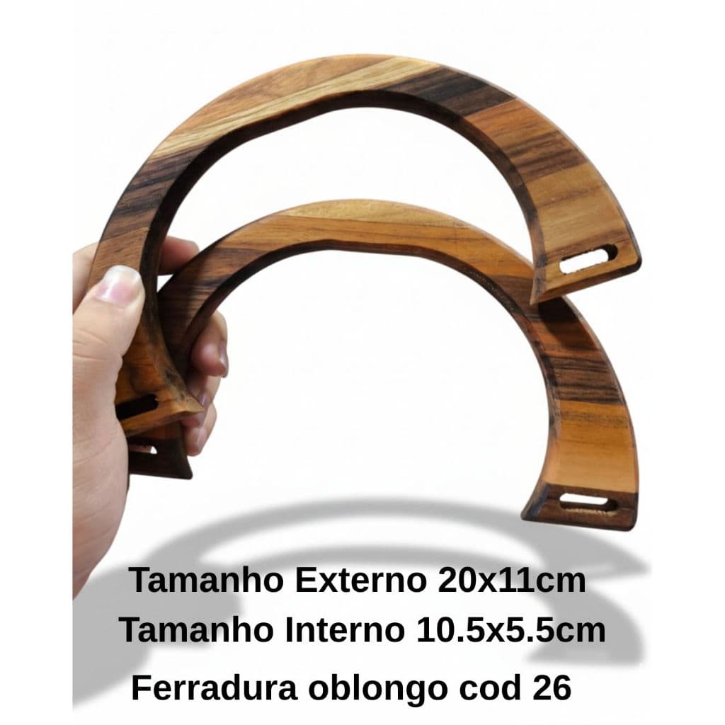 (26Ferradura Oblongo)Alça de Madeira Teca luxo Exclusiva para Bolsas, Bags e Cestos Artesanais (Vendido em Pares) 15mm E
