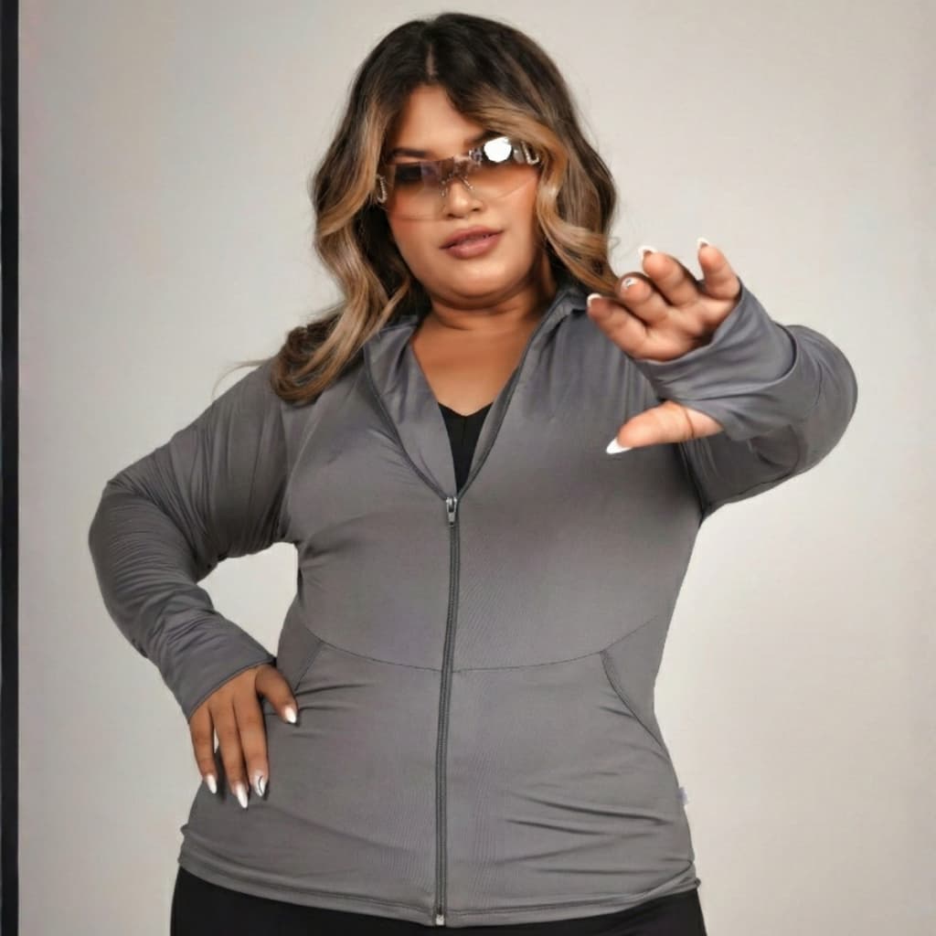 Jaqueta Fitness Azul Plus Size com Proteção UV e Zíper | Feminina | Juvenil