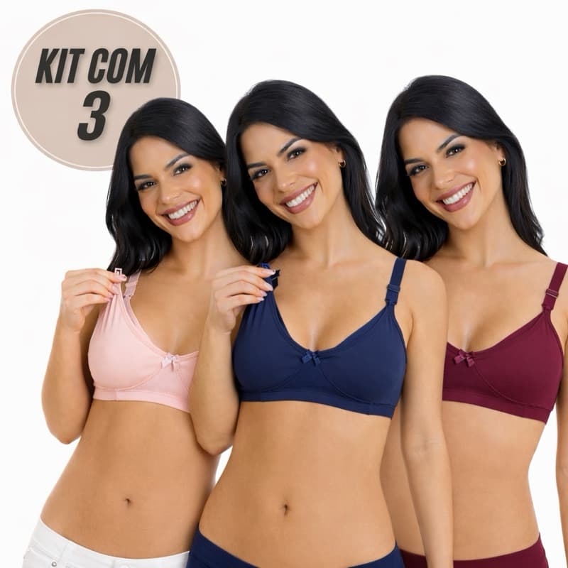 Kit 3 Sutiã de Amamentação com Alça Reforçada e Fecho Abre Fácil Pós Parto Gestante Conforto lingerie.