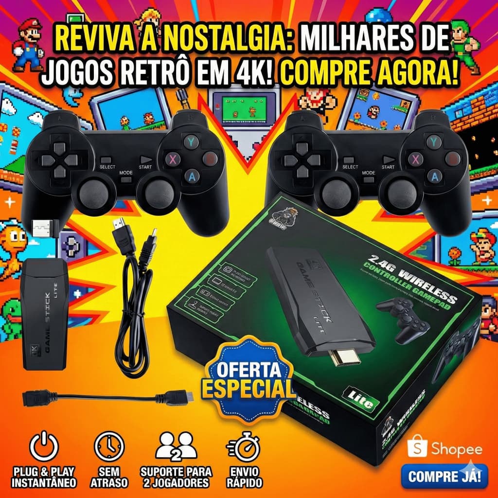 Game Stick 4K Retrô 10.000 Jogos 2 Controles