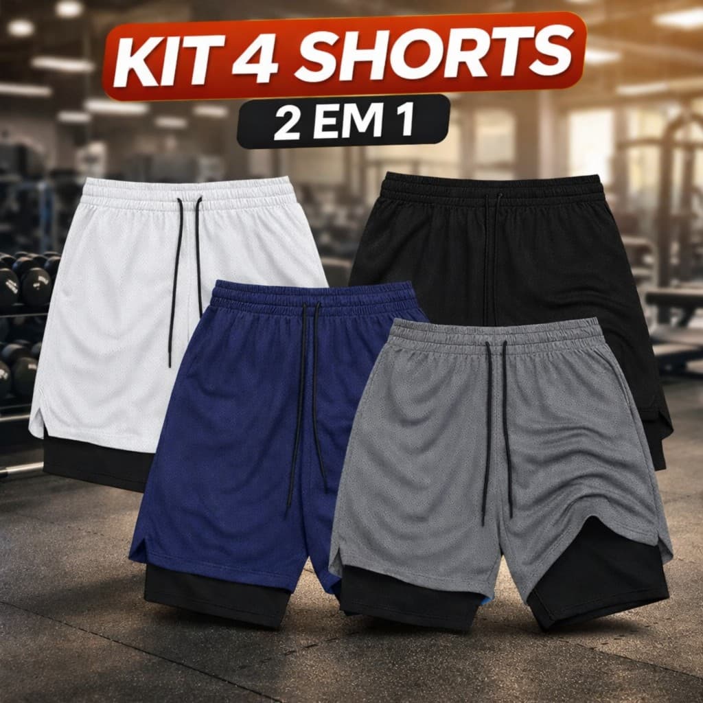 Kit 4 Shorts Masculino 2 em 1 Academia Fitness com Elastano Secagem Rápida