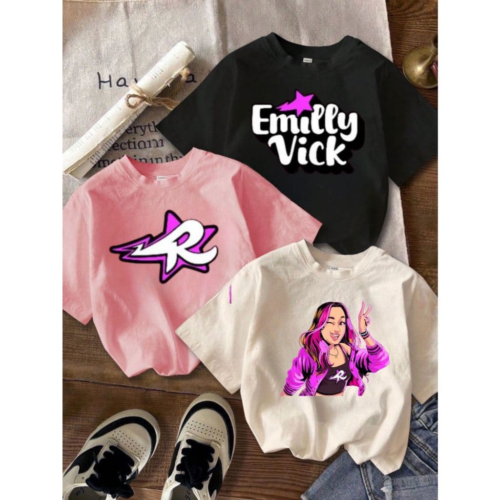 Kit 3 Camiseta Infantil Emilly Vick Feminina 100% Algodão Blogueirinha Moda Kids T-shirt Baratinha