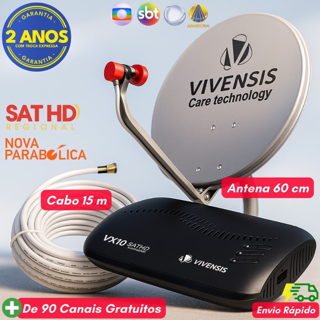 Kit Receptor Vivensis Vx10 Com Parabólica 60cm Cabo Coaxial de 15 metros, LNBF, Conectores