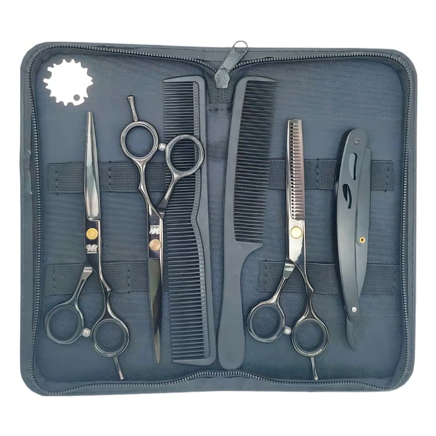 Kit 3 Tesouras Profissionais Fio Navalha Desfiadeira + Navalha + Pente + Estojo Coloridas